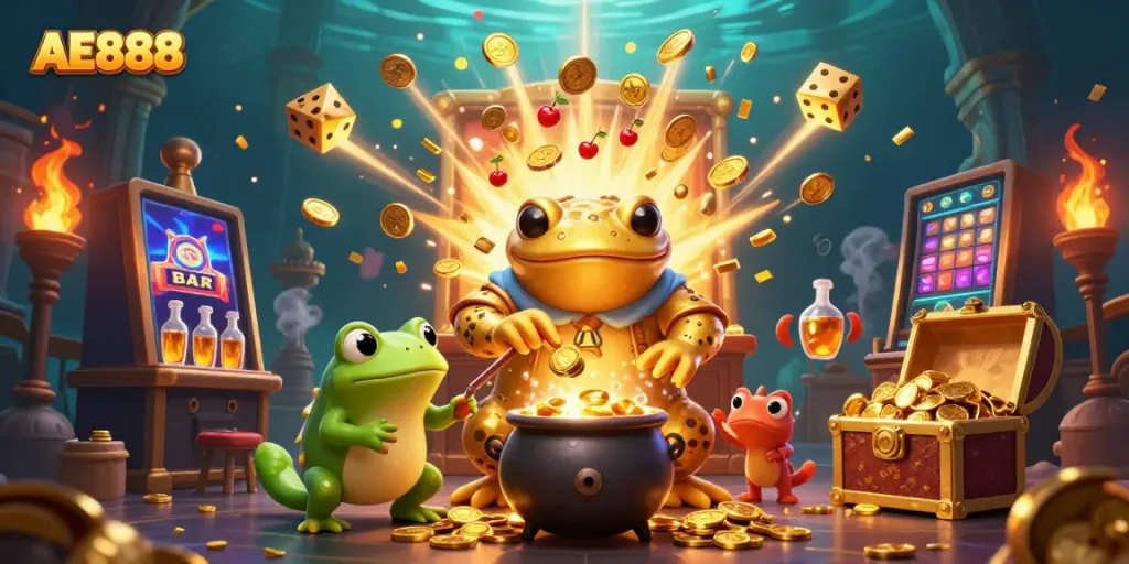 Experience the magic of AE888 at an exciting casino adventure featuring a giant salamander alchemist.
