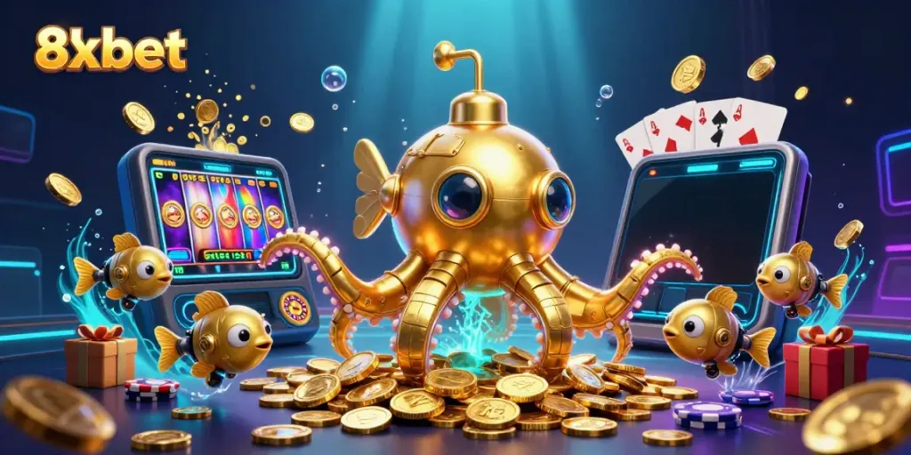 Engage with 8xbet's exciting online betting world, highlighted by a golden kraken submarine and vibrant casino elements.