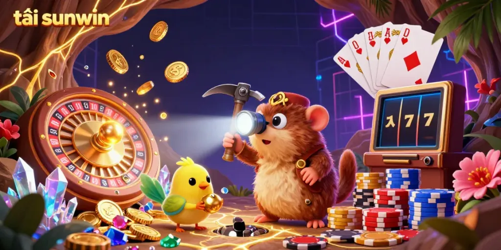 Experience the excitement of tải sunwin with a treasure hunter mole and canary surrounded by golden coins and gems.