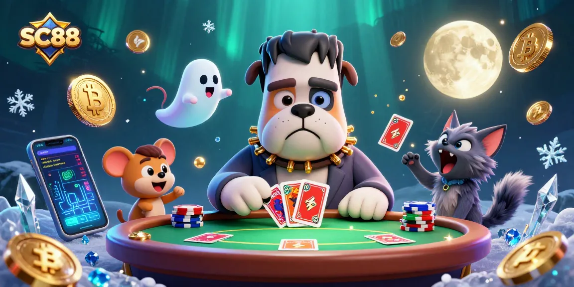 Engage in thrilling poker with SC88 featuring a Frankenstein bulldog dealer at a spooky table.