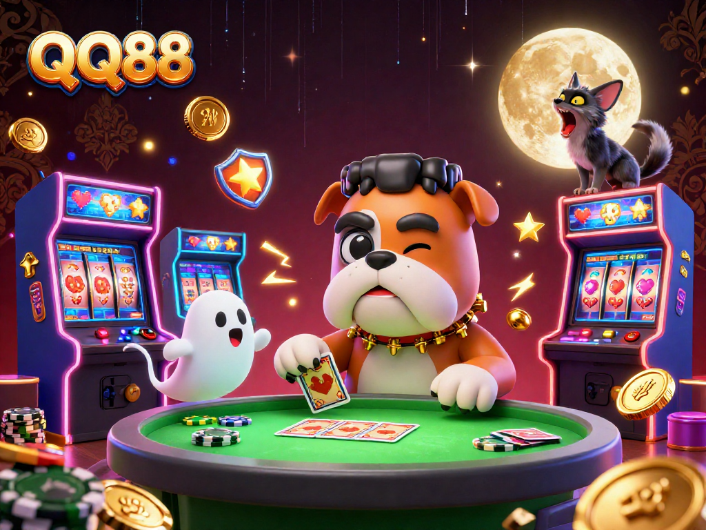 Experience thrilling slots and casino action with QQ88's vibrant characters in a dynamic gaming scene.