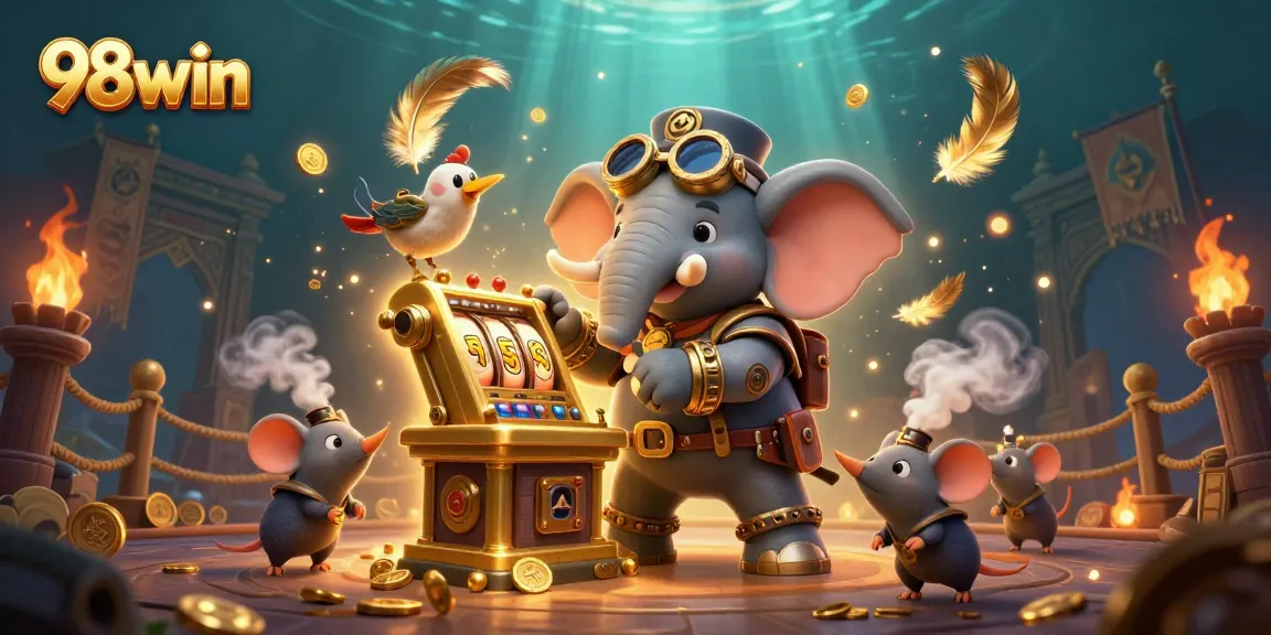 Engage with the excitement at 98win featuring a steampunk elephant operating a golden slot machine.