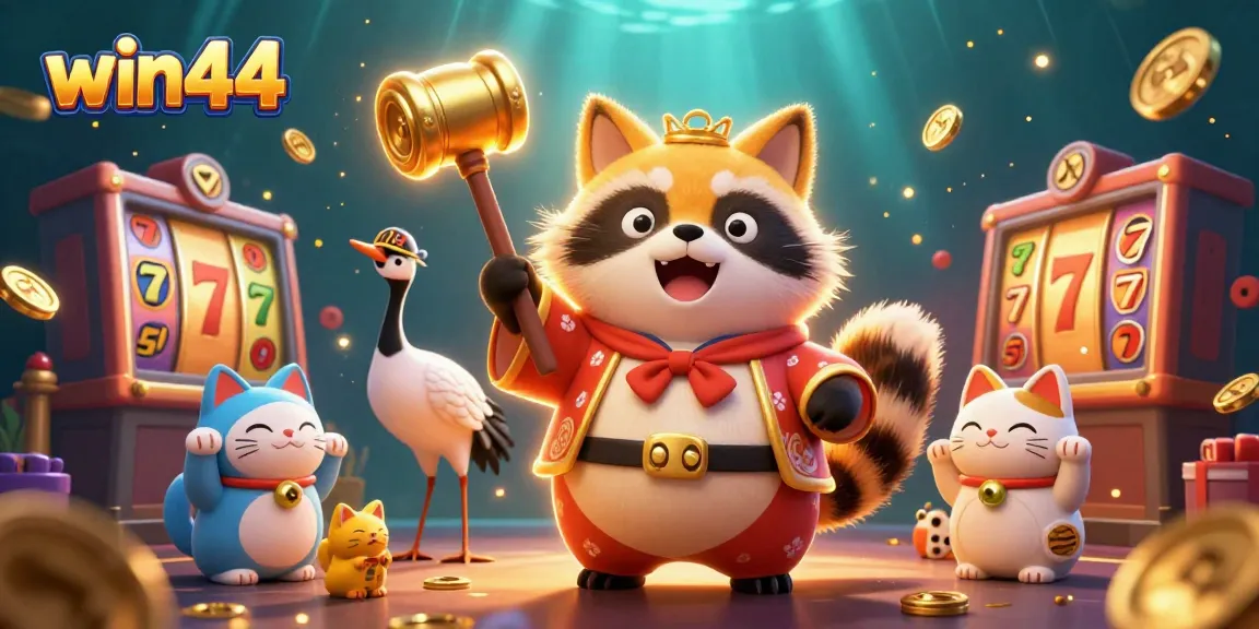 Experience the excitement of win44 with playful characters, vibrant slot elements, and captivating casino imagery.