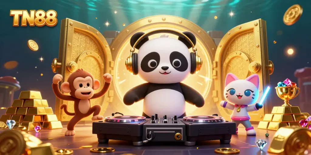 Experience the thrill with TN88 at this vibrant casino-themed scene featuring DJ Panda and friends.