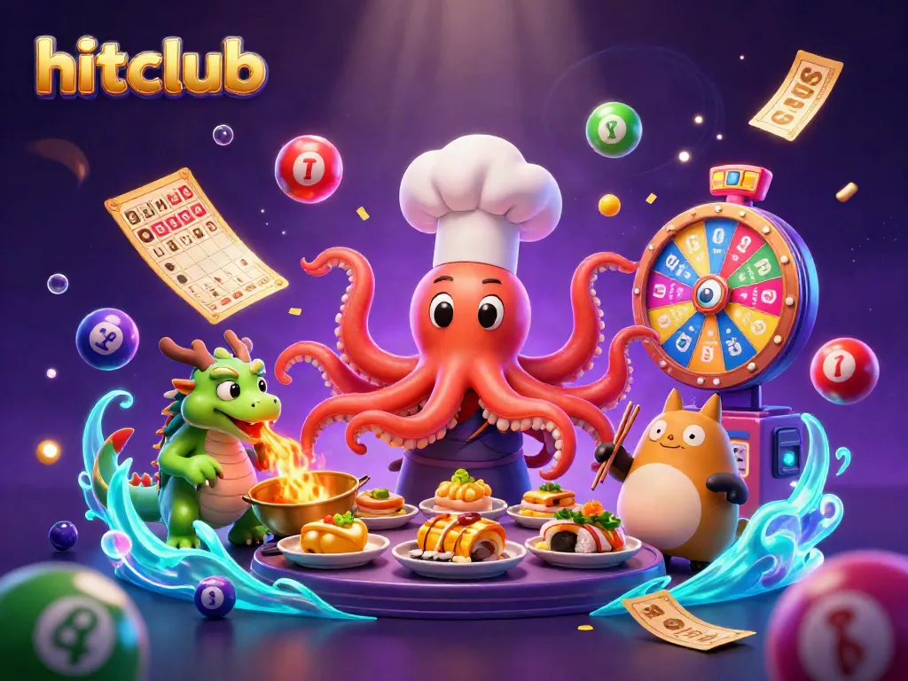 Experience the excitement of hitclub as a dynamic octopus chef and dragon create golden dishes among lottery thrills.