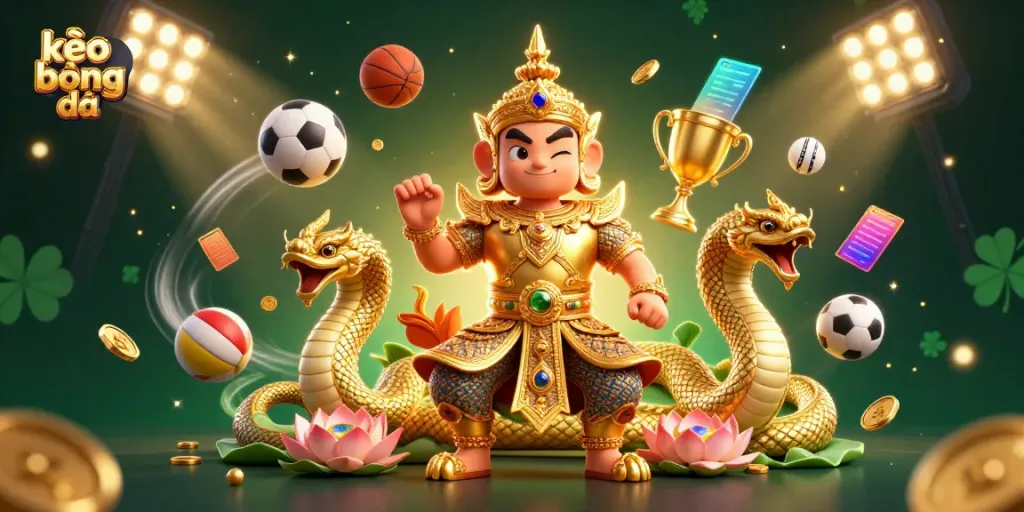 Experience kèo bóng đá with dynamic 3D sports elements and characters in energetic illustration