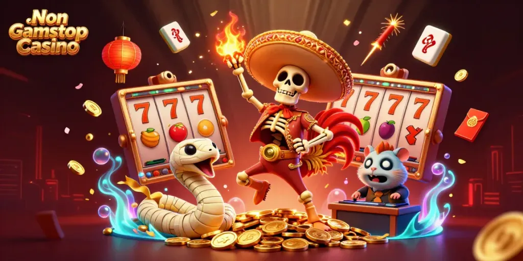 Celebrate wins at a Non Gamstop Casino with vibrant characters and exciting gaming elements.