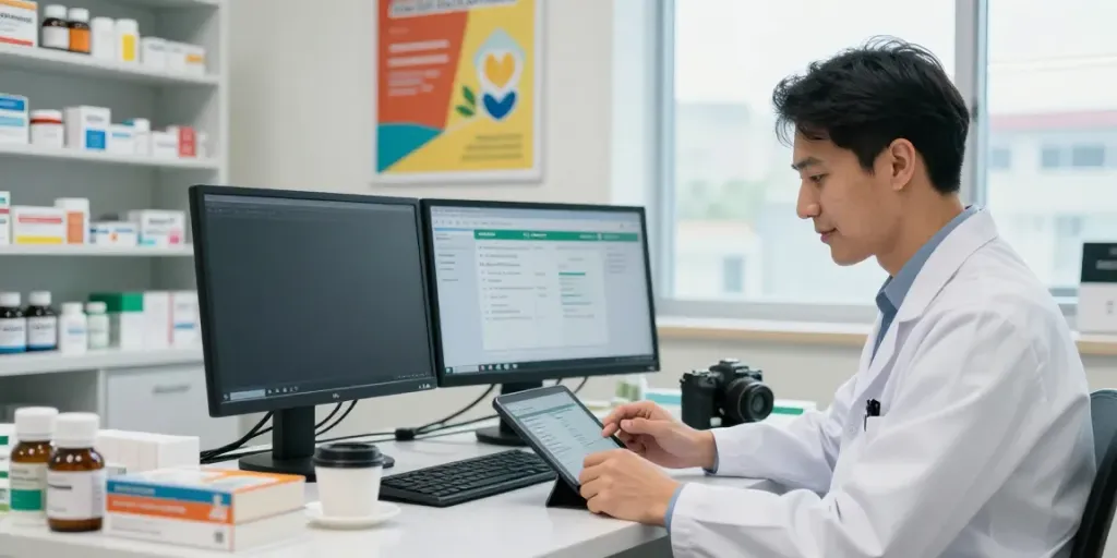 Pharmacist checking Moh license information on a tablet in a modern pharmacy.