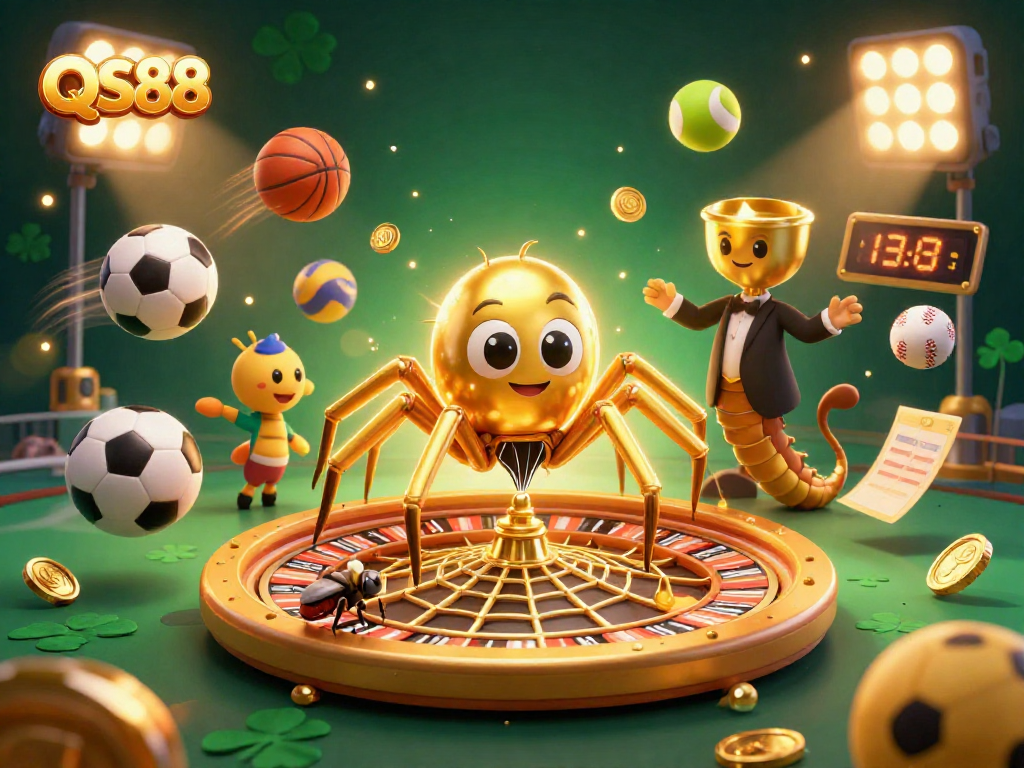 Experience thrilling bets at QS88 with a 3D cartoon scene showcasing a roulette wheel, sports elements, and golden ambiance.