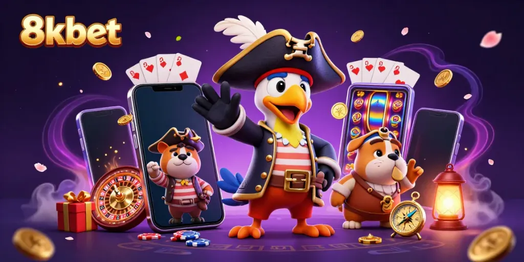 Experience thrilling gaming action with 8xbet's vibrant 3D pirate-themed illustration showcasing online casino elements.