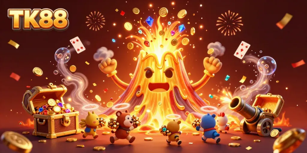 Experience thrilling casino action with TK88 as the golden volcano erupts coins and gems!