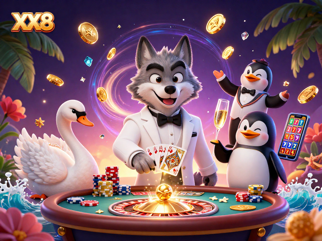Win big at XX8 with a dynamic illustration of a wolf, swan, and penguin in a vibrant casino.