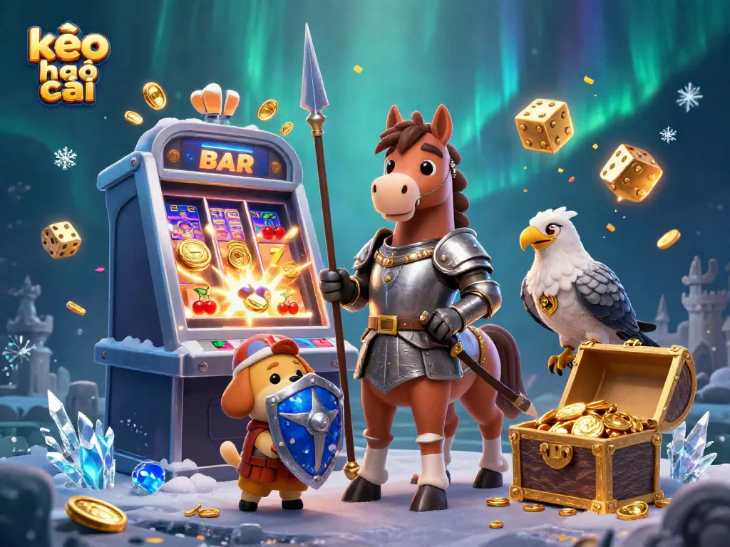 Experience kèo nhà cái excitement with a dynamic scene of knights, puppies, and gold coins.