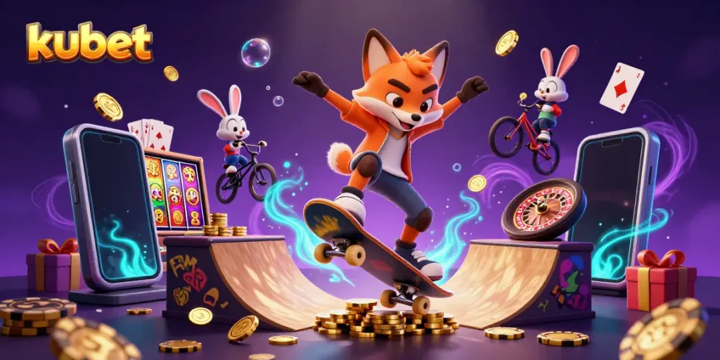 Experience gaming action with kubet as a fox skateboarder performs tricks above casino elements.