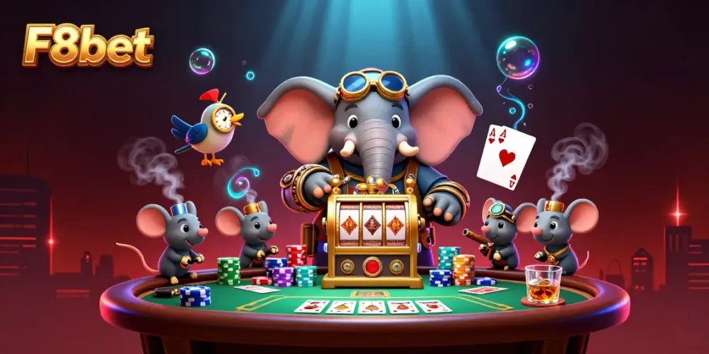 F8bet showcases thrilling gameplay with a steampunk elephant operating a slot machine in an engaging casino scene.