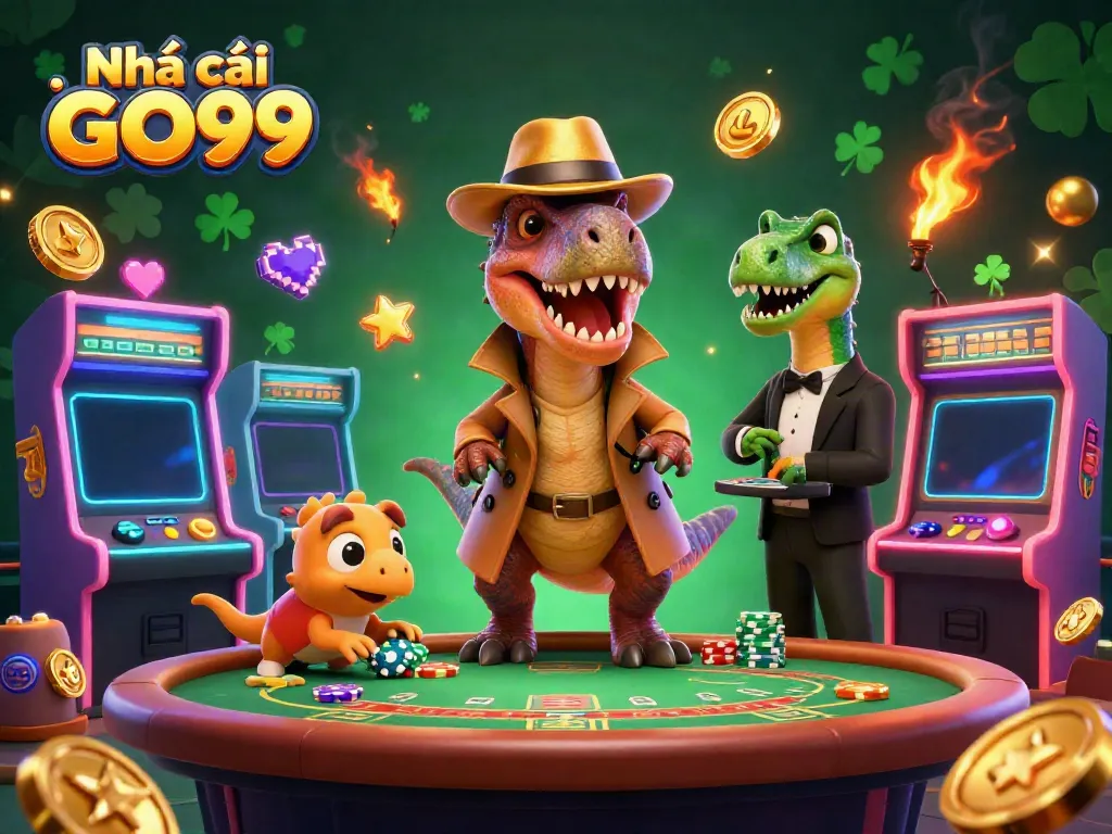 Engage with the thrilling world of Nhà cái GO99 at a blackjack table, featuring a cartoon velociraptor and stegosaurus amid vibrant casino elements.