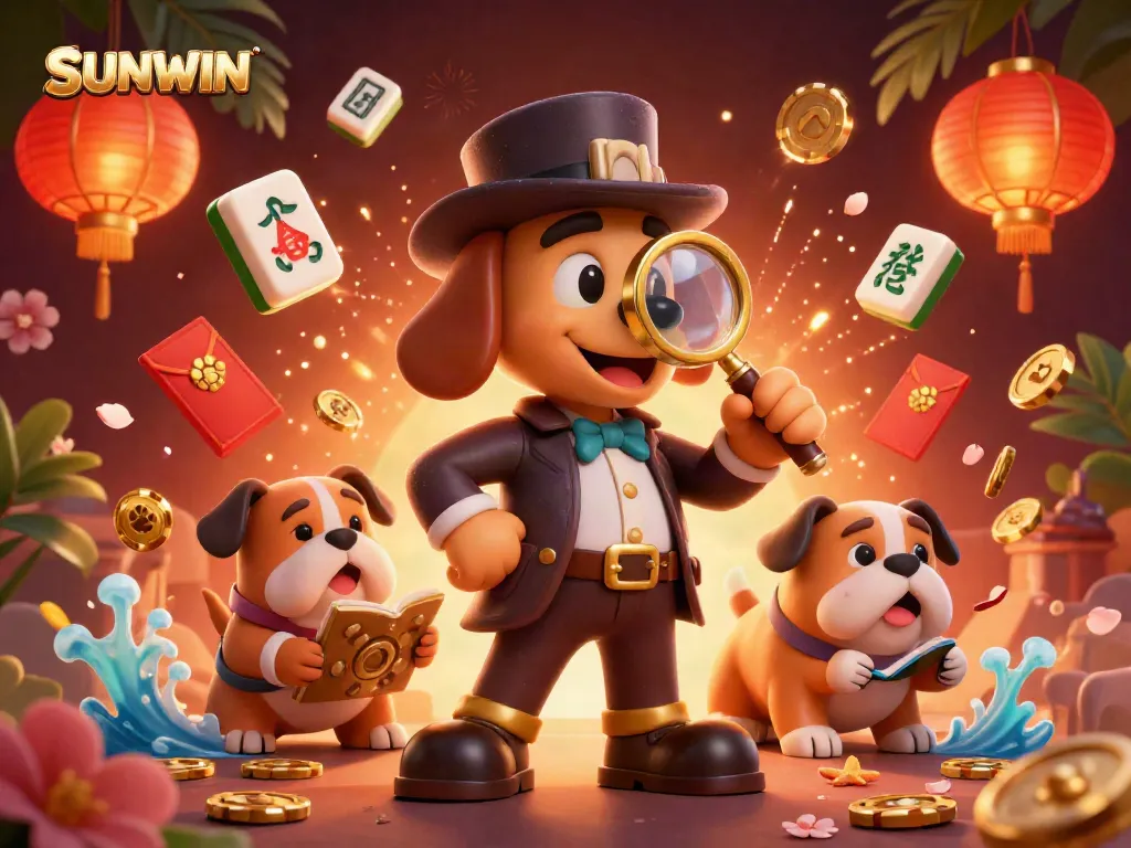 Experience thrilling gameplay with SUNWIN in this vibrant 3D casino illustration featuring detective characters.