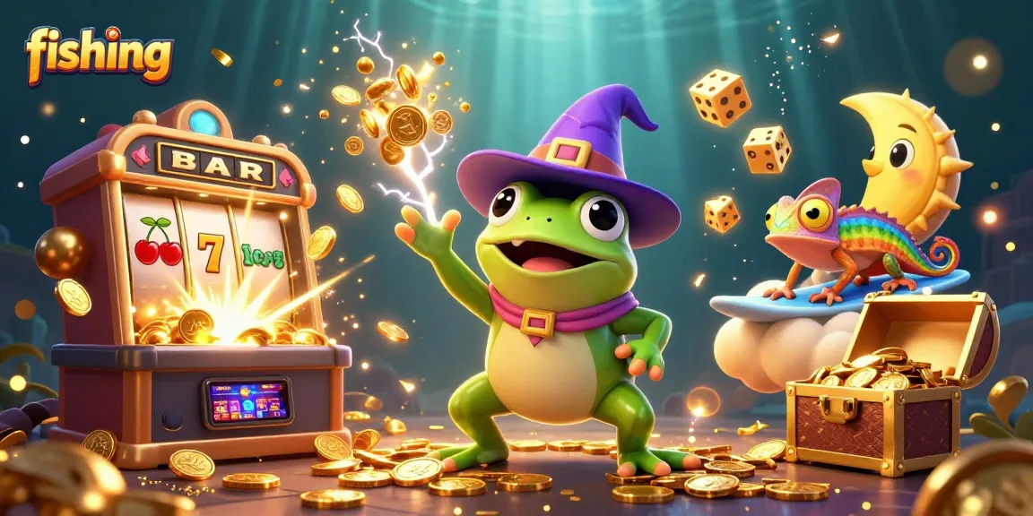 Fishing-themed vibrant casino illustration featuring a wizard frog and chameleon immersed in a jackpot storm.