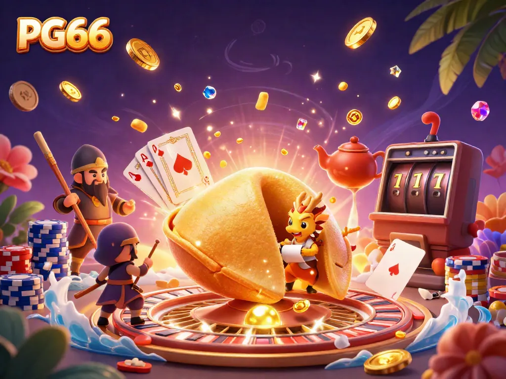 Engage with PG66's thrilling moment featuring a golden fortune cookie scene filled with gambling excitement.