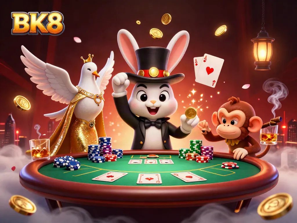 Engage in thrilling poker action with BK8 as a magician rabbit conjures coins, accompanied by a dove and monkey.