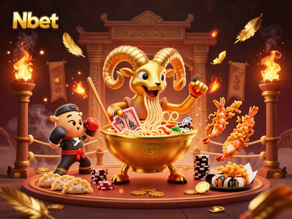 Nbet showcases a vibrant 3D scene with a giant ramen bowl dealing cards, set in a casino ambiance.