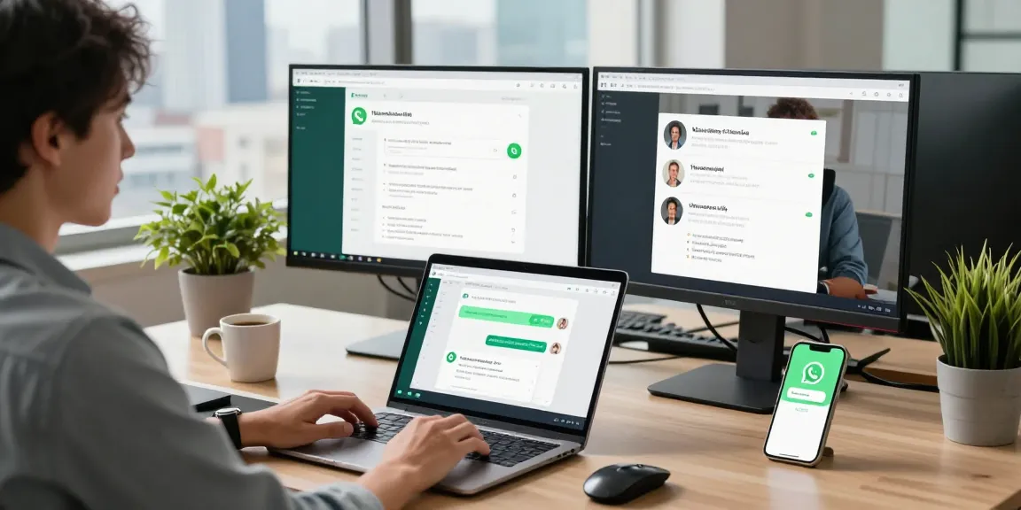Using WhatsApp電腦版 on a modern office setup with dual monitors and city view.