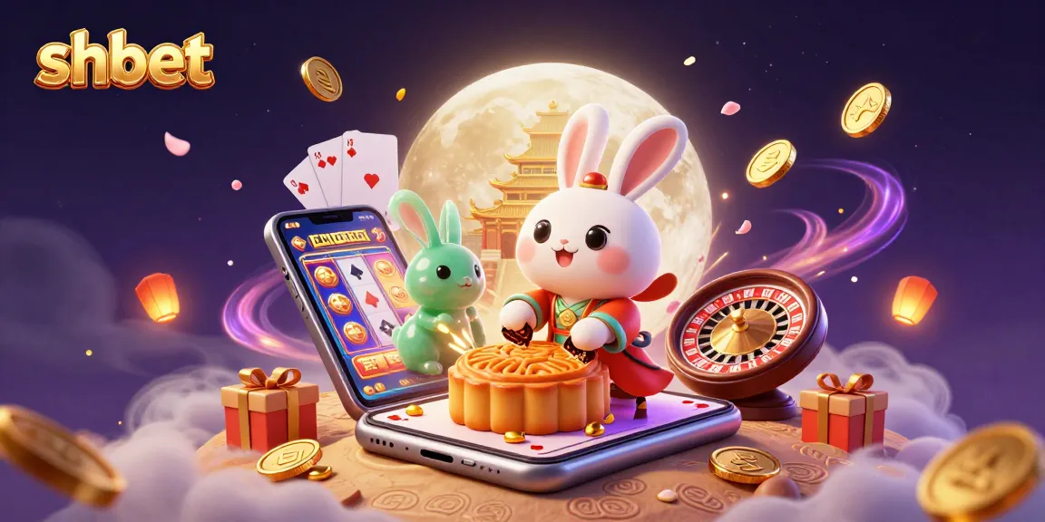 Experience the excitement with shbet as the moon rabbit reveals poker chips while surrounded by vibrant casino elements.