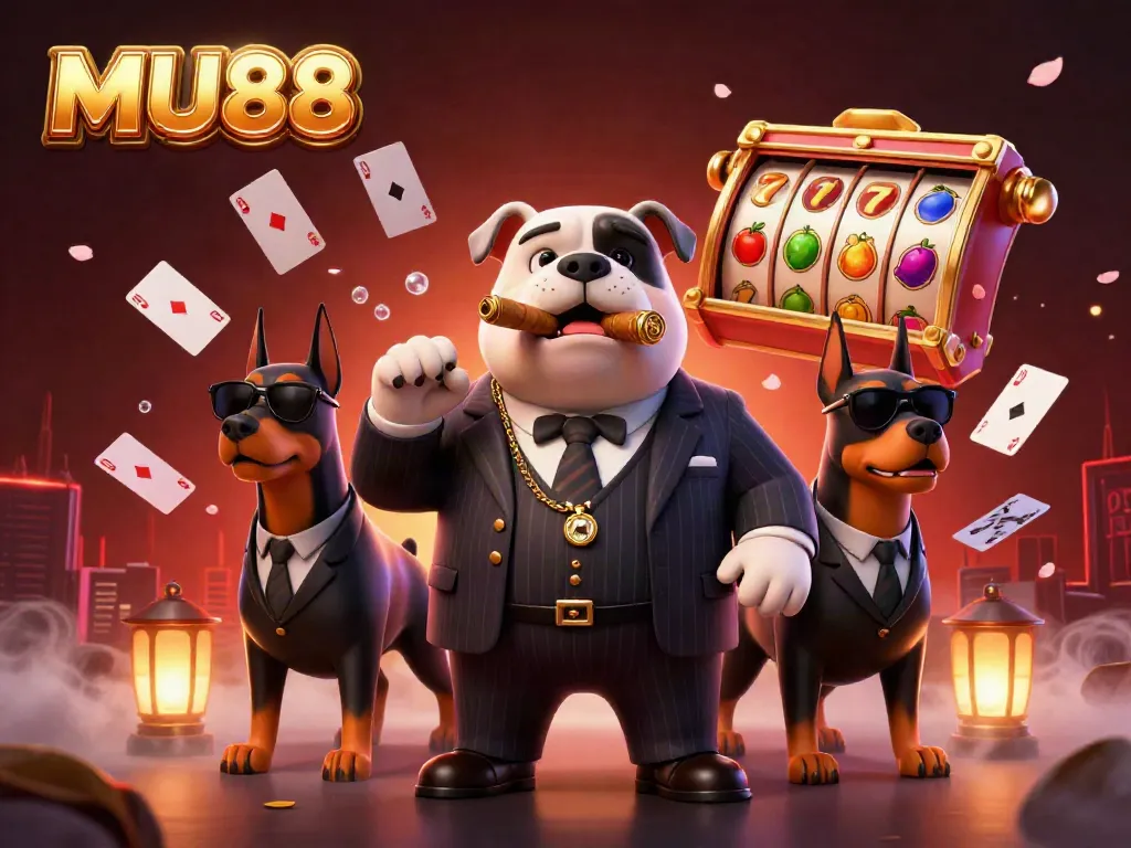 Mafia boss bulldog and bodyguards celebrate MU88 with explosive slot reels and vibrant gaming elements.