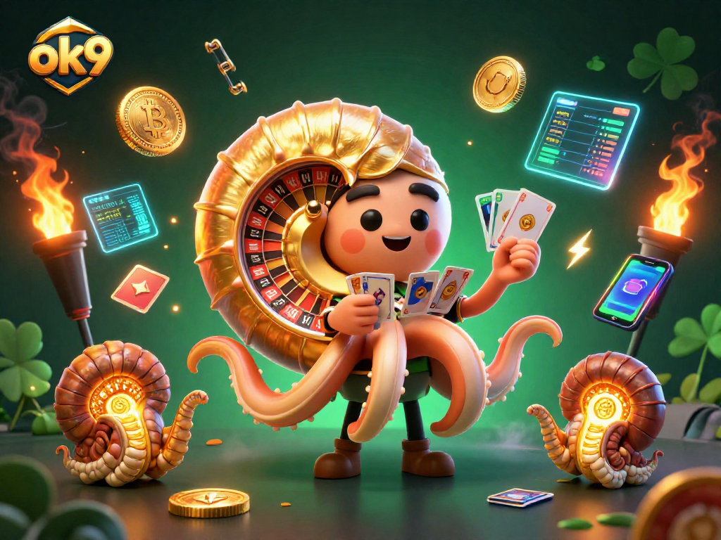 Experience engaging casino action with ok9, a nautilus-themed roulette wheel and glowing crypto elements.