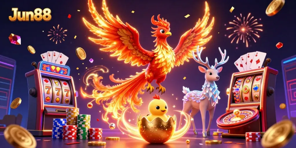 Play slots and win big with Jun88's vibrant casino experience featuring golden phoenixes and sparkling gems.