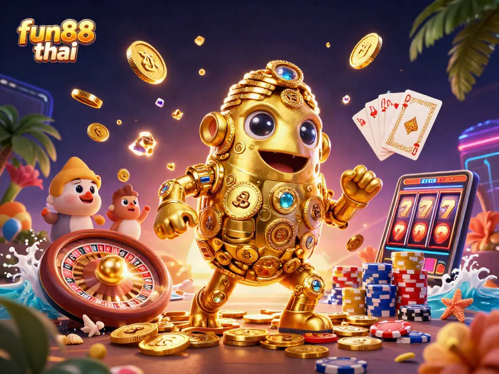Engage with fun88 thai as a golden golem animated with coins and slots for dynamic online gaming.