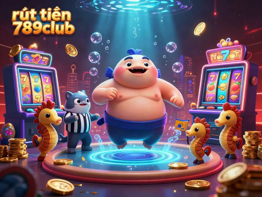 Engage in rút tiền 789club at an energetic underwater casino featuring unique characters and vibrant slot machines.