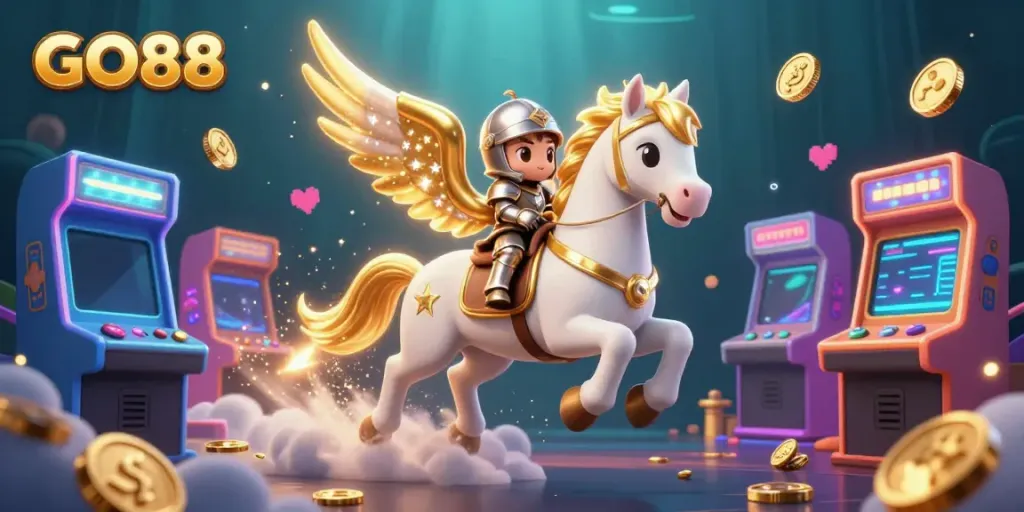 Engage with GO88's vibrant casino experience through this dynamic 3D artwork showcasing exciting gaming themes and character action.