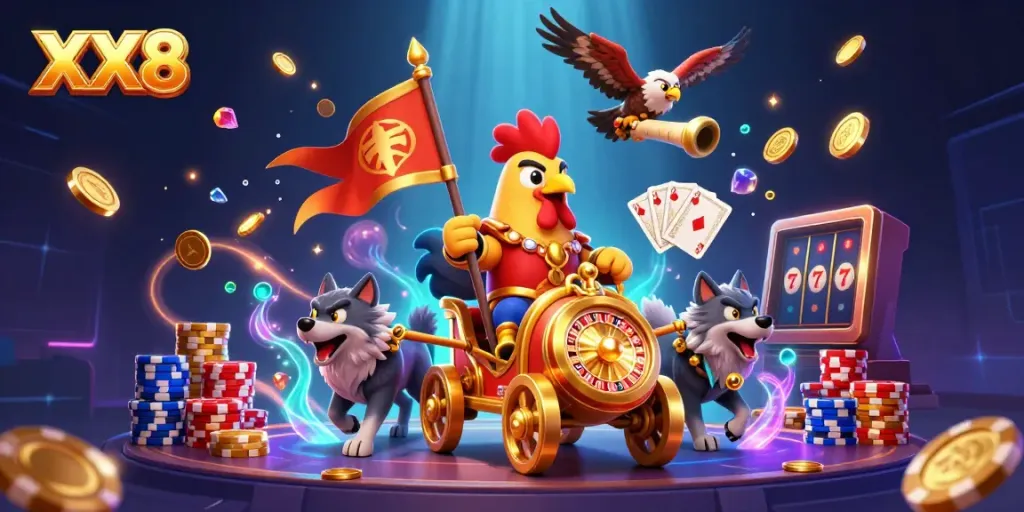 Engage with XX8 as the cartoon rooster warlord and wolves navigate a vibrant casino scene.