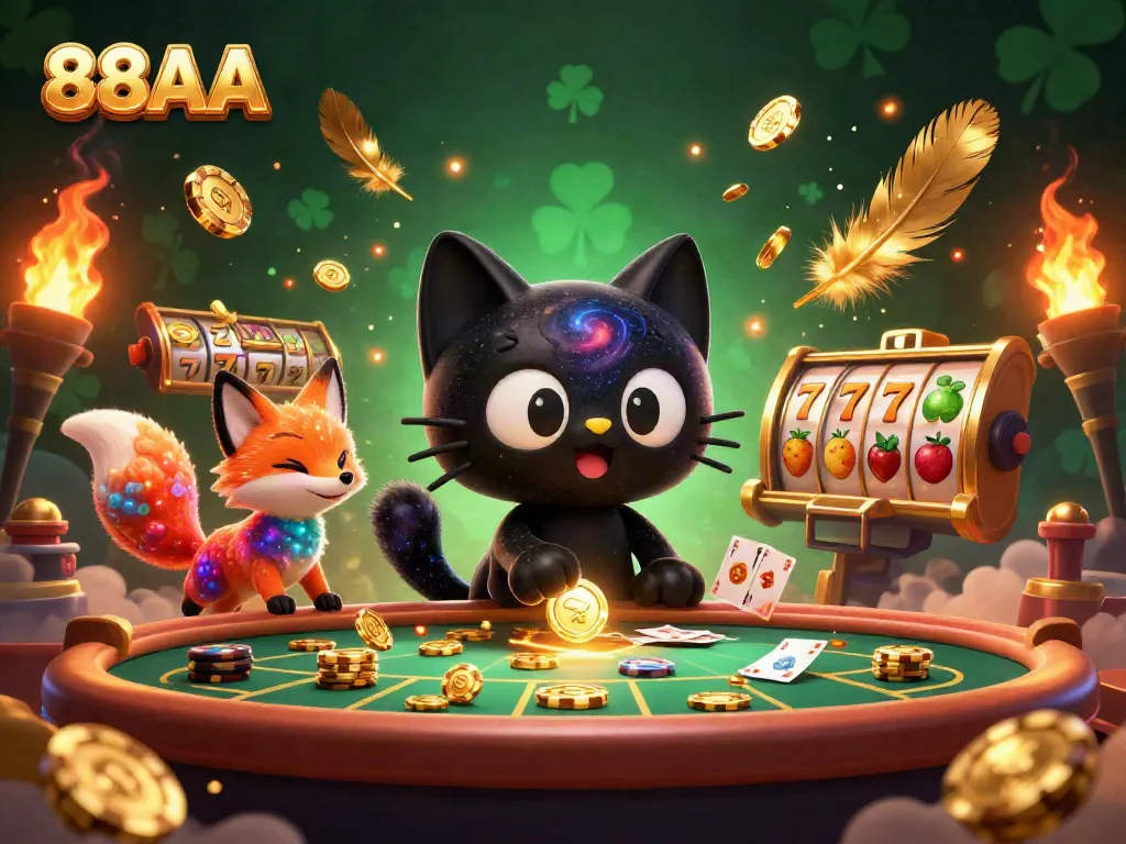 Engage in thrilling spins with 88AA's cosmic casino powered by a black hole cat and fox companion.