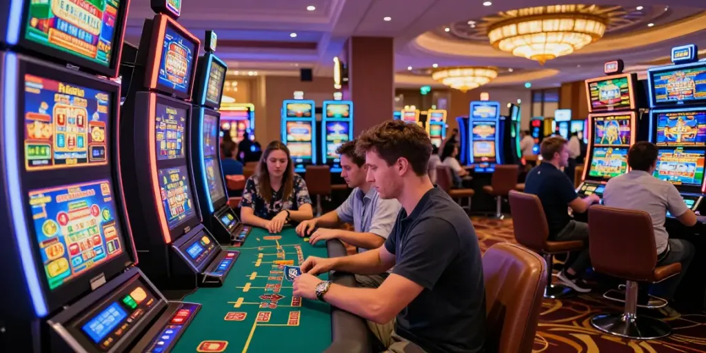 Players engaging with online credit card casinos in a lively modern casino setting, showcasing credit card usage.