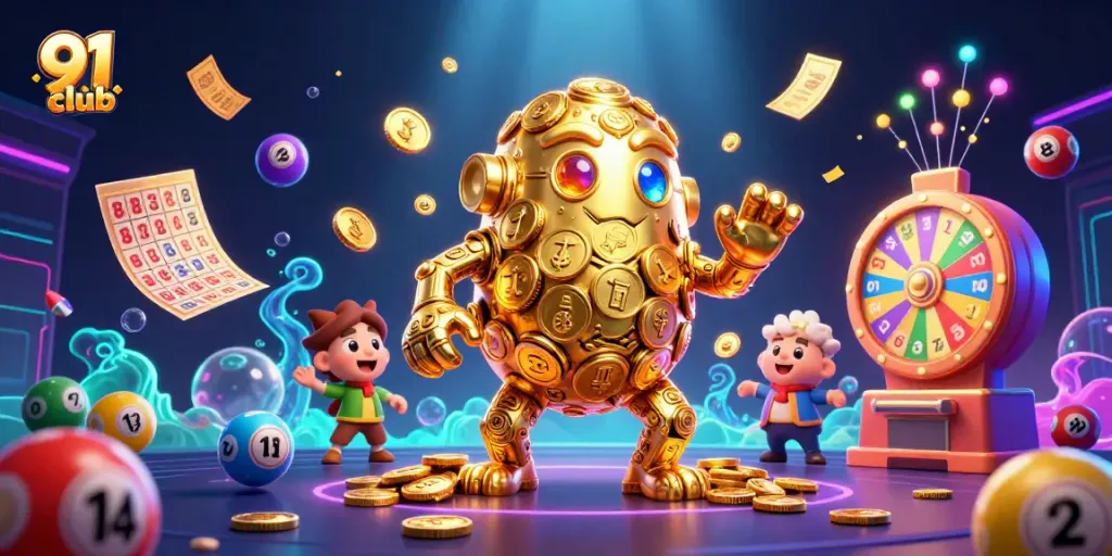 Engage with 91 club's vibrant gaming experience featuring dynamic lottery elements and a captivating golden golem.