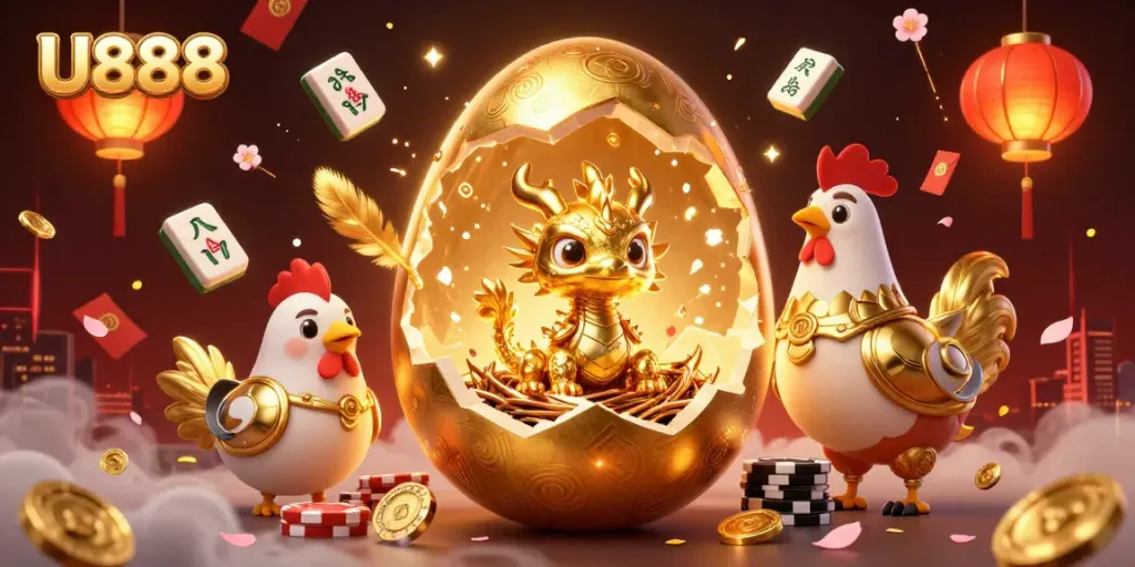 Engage with U888's gaming excitement, featuring a vibrant 3D dragon and poker chips amidst magical casino elements.