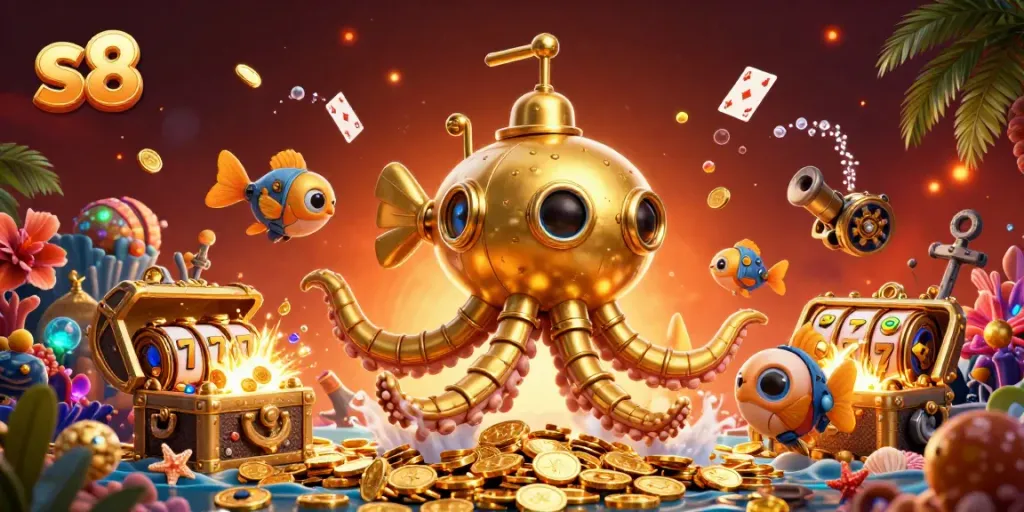Engage with the thrilling world of S8, featuring a golden kraken submarine amidst slot reels and treasures.