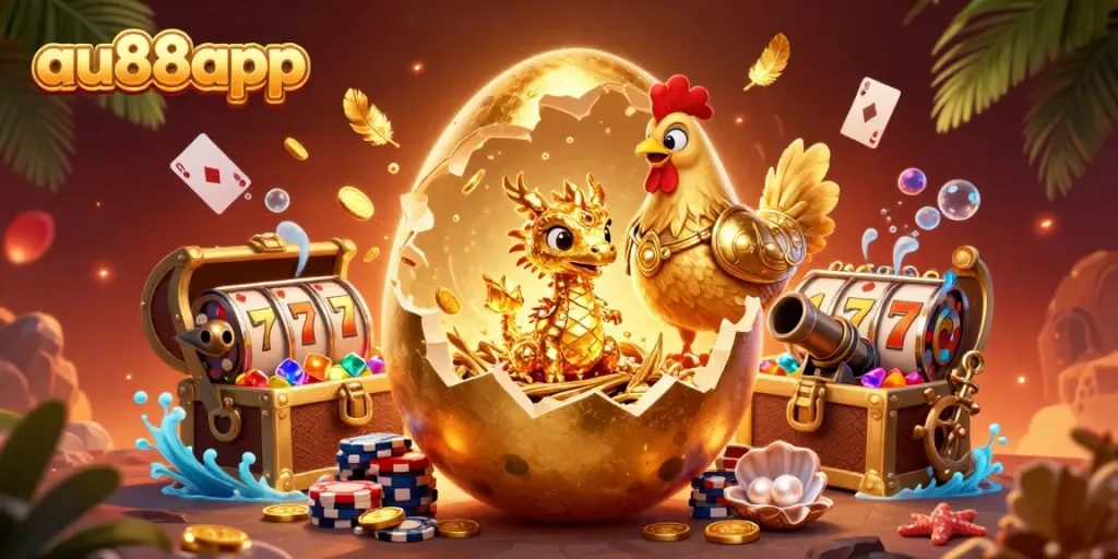 Engage in thrilling gambling adventures with au88app showcasing a golden dragon guarding poker chip treasure.