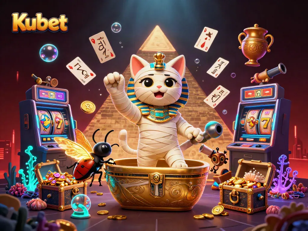 Kubet offers an exciting casino experience with a mummy cat and scarab beetle amid gold coins and playful games.