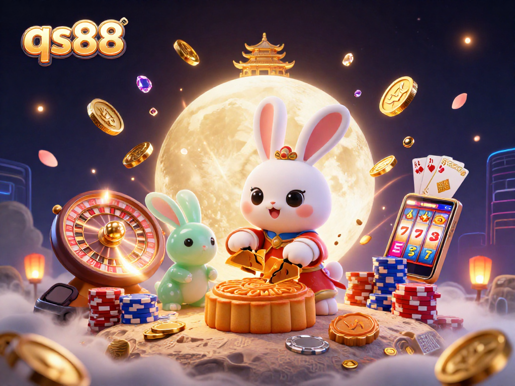 Cascade with qs88's golden poker chips and vibrant colors against moon rabbit folklore scene