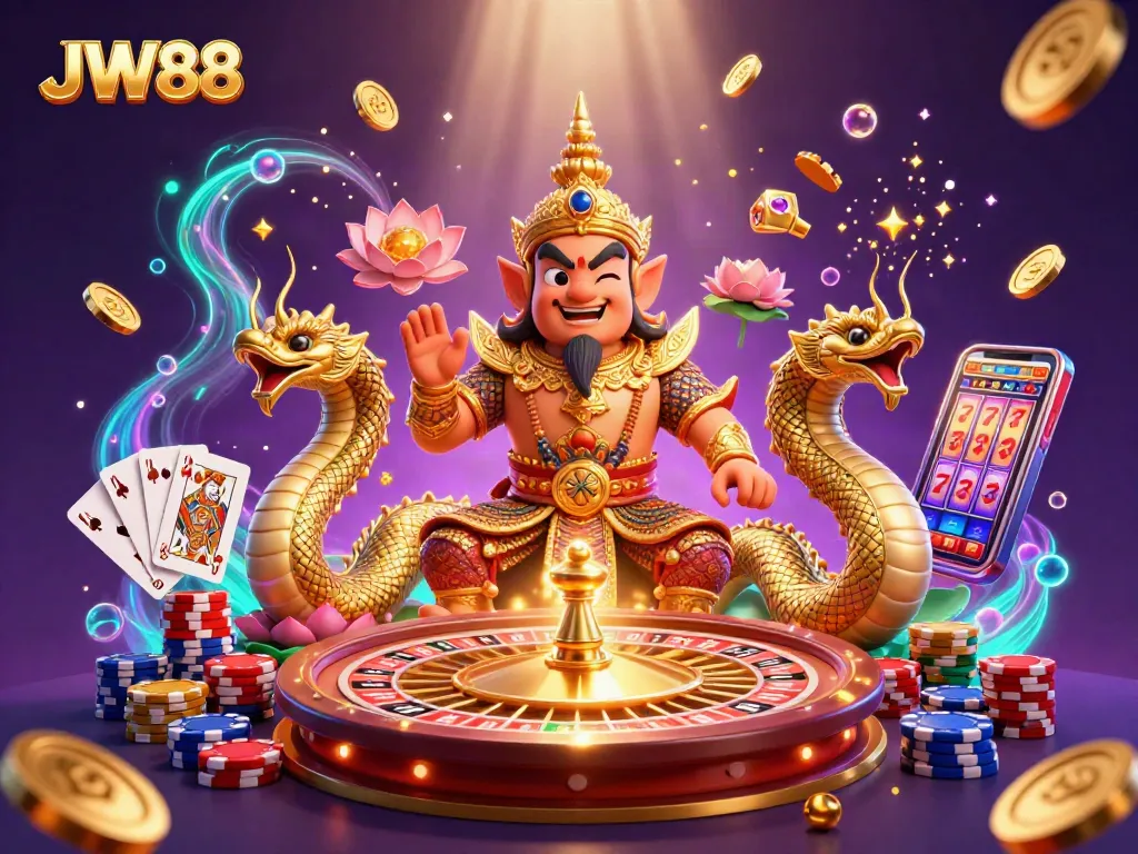 Experience the fun of JW88 with a vibrant illustration showcasing spirited gambling themes in a dynamic scene.