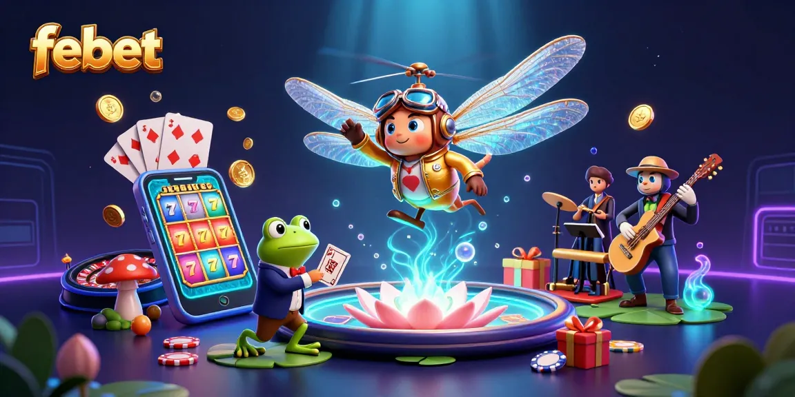 Spin the reels with febet at a vibrant lily pad casino animated scene full of colorful games.