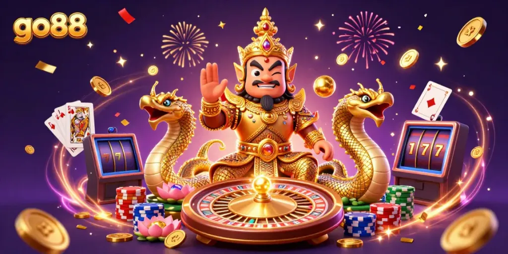 Experience thrilling gameplay with go88 as golden coins and vibrant characters illuminate the excitement of online gambling.