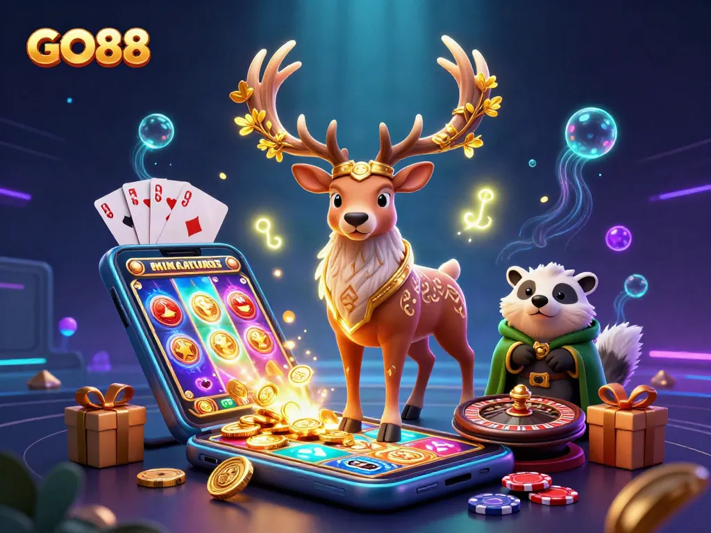 Engage in thrilling slots gameplay with GO88, featuring vibrant 3D casino elements and enchanting characters.