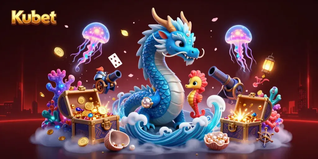 Kubet's dynamic 3D casino world featuring a water dragon and seahorse knight amidst treasure and glowing jellyfish.