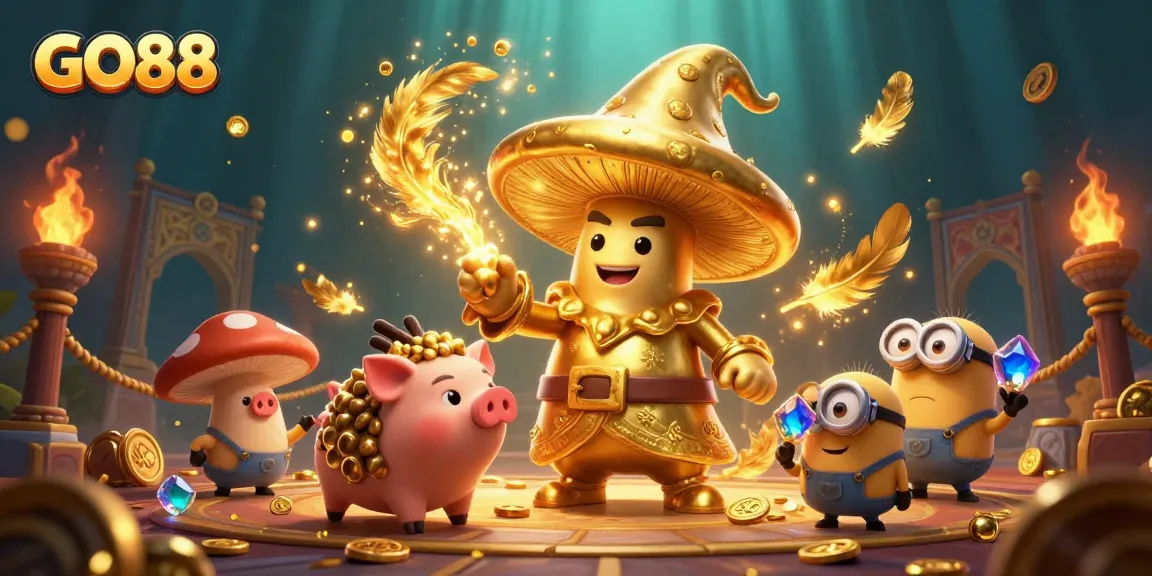 Experience GO88's magical realm filled with golden treasures, vibrant gaming elements, and engaging characters.