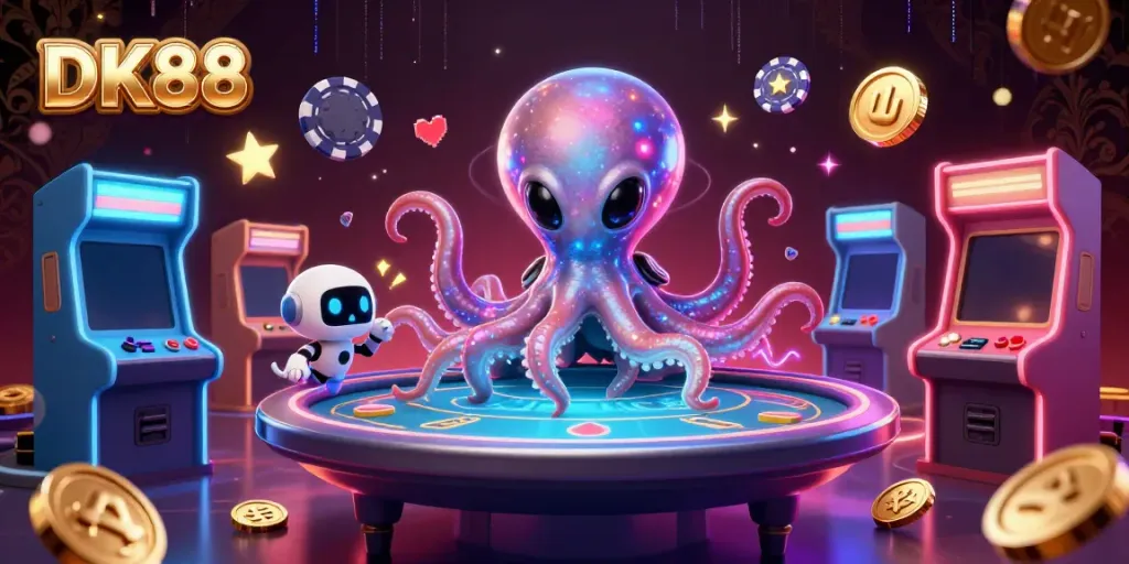 Engage in thrilling gameplay at DK88 with an alien octopus and robot at a holographic poker table.