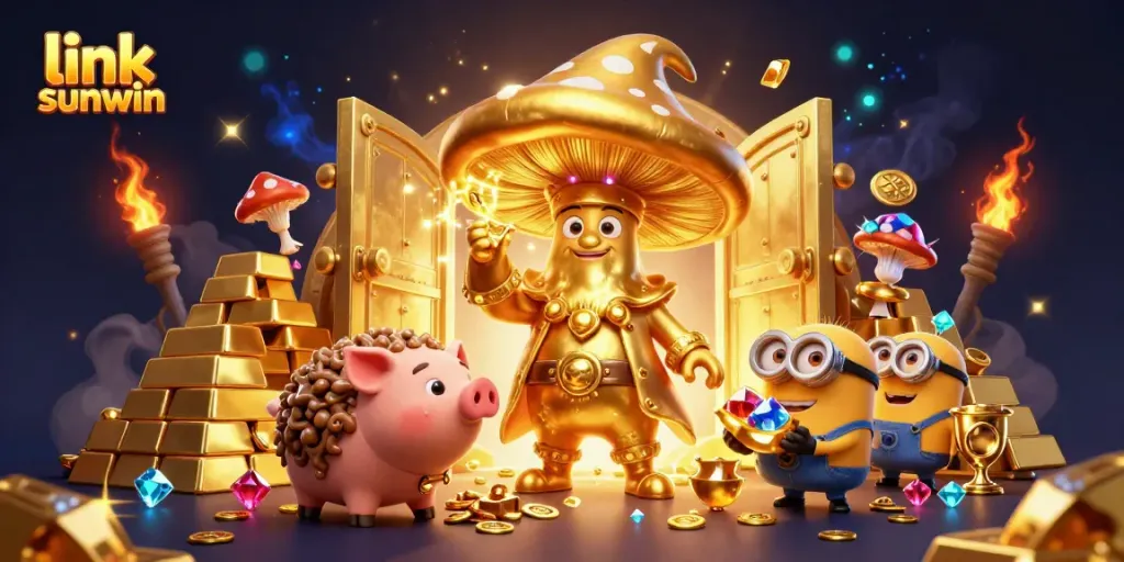 Engage in exciting gameplay with link sunwin featuring a golden mushroom wizard and treasure-filled scene.